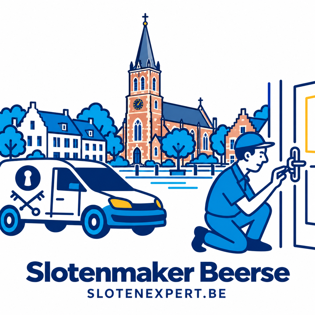 Blauwe SlotenExpert slotenmaker met camionette en geïllustreerd dorpsbeeld van Beerse