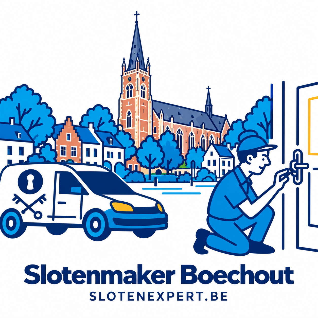 Blauwe SlotenExpert slotenmaker met camionette en geïllustreerd dorpsbeeld van Boechout