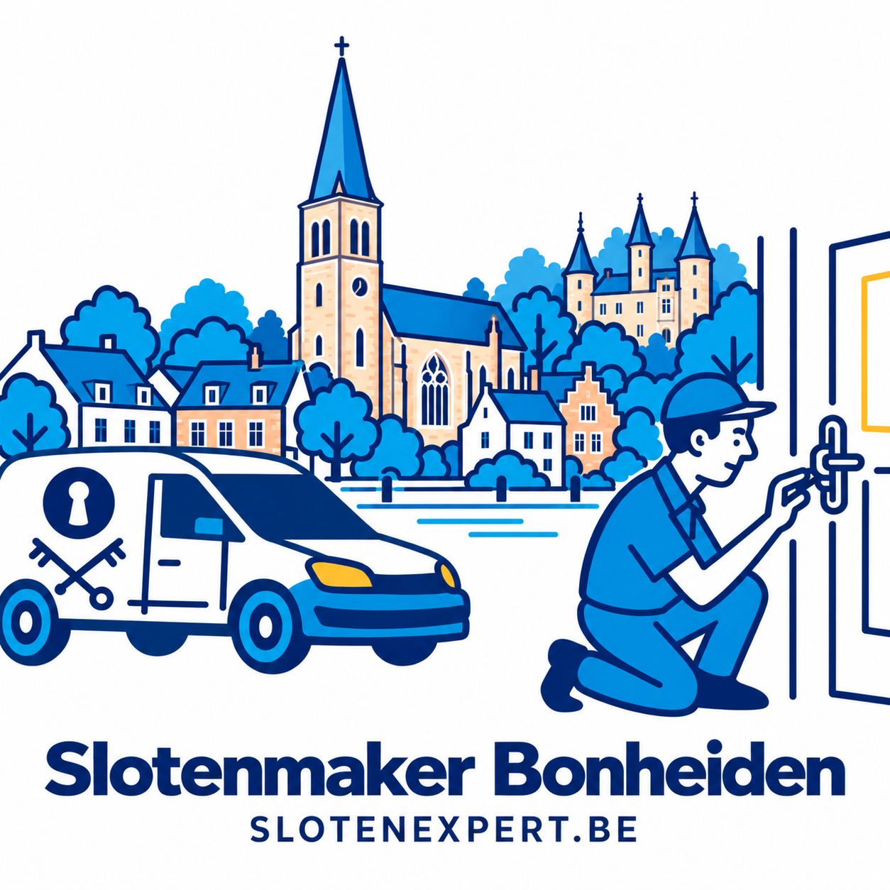 Blauwe SlotenExpert slotenmaker met camionette en geïllustreerd dorpsbeeld van Bonheiden