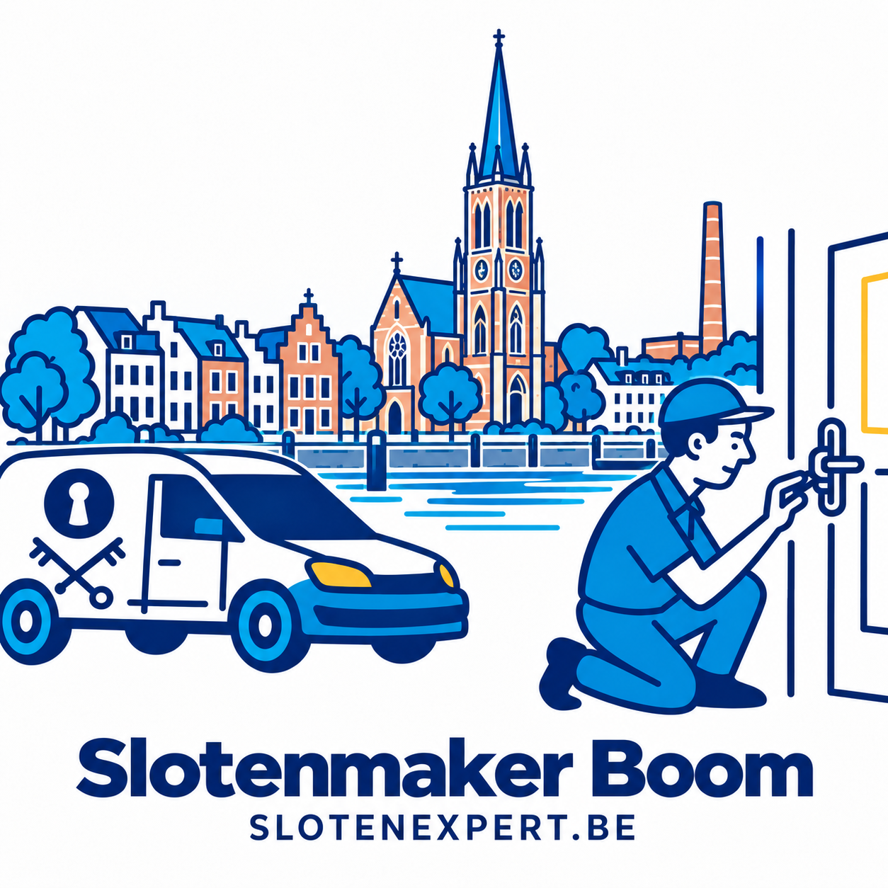 Blauwe SlotenExpert slotenmaker met camionette en geïllustreerd dorpsbeeld van Boom