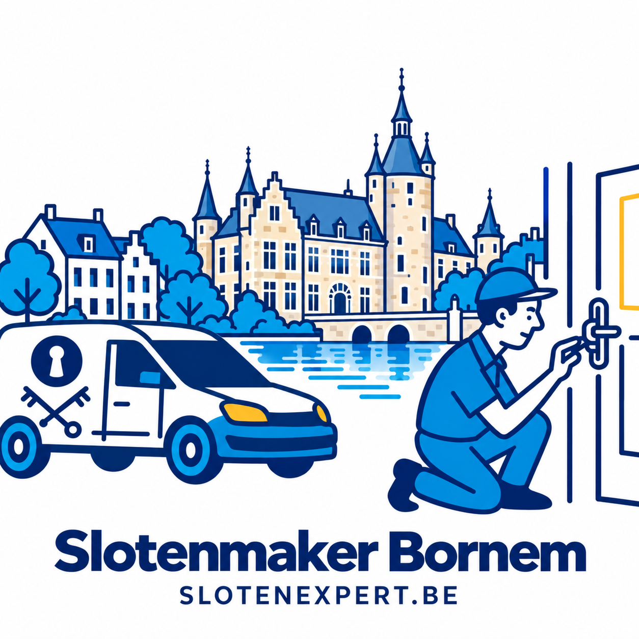 Blauwe SlotenExpert slotenmaker met camionette en geïllustreerd dorpsbeeld van Bornem