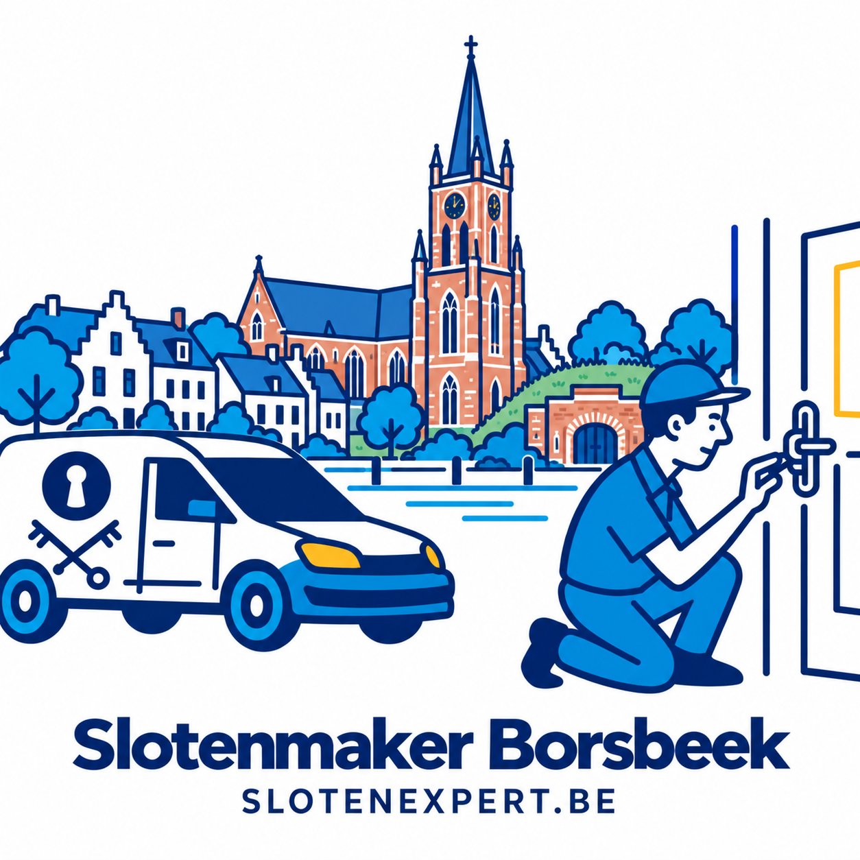 Blauwe SlotenExpert slotenmaker met camionette en geïllustreerd dorpsbeeld van Borsbeek