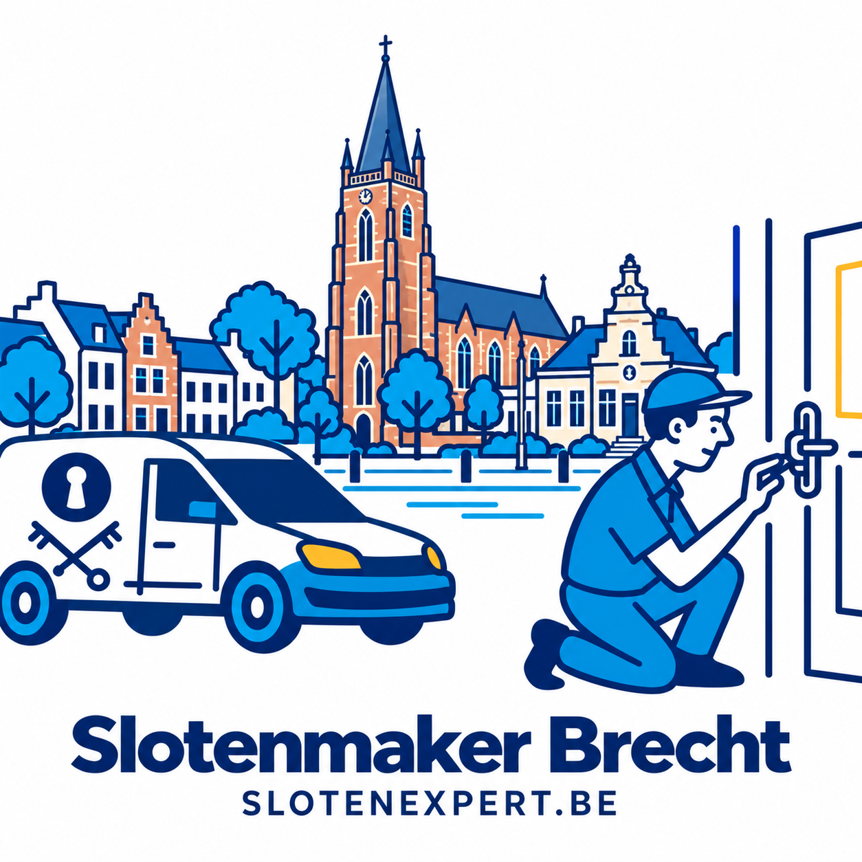 Blauwe SlotenExpert slotenmaker met camionette en geïllustreerd dorpsbeeld van Brecht