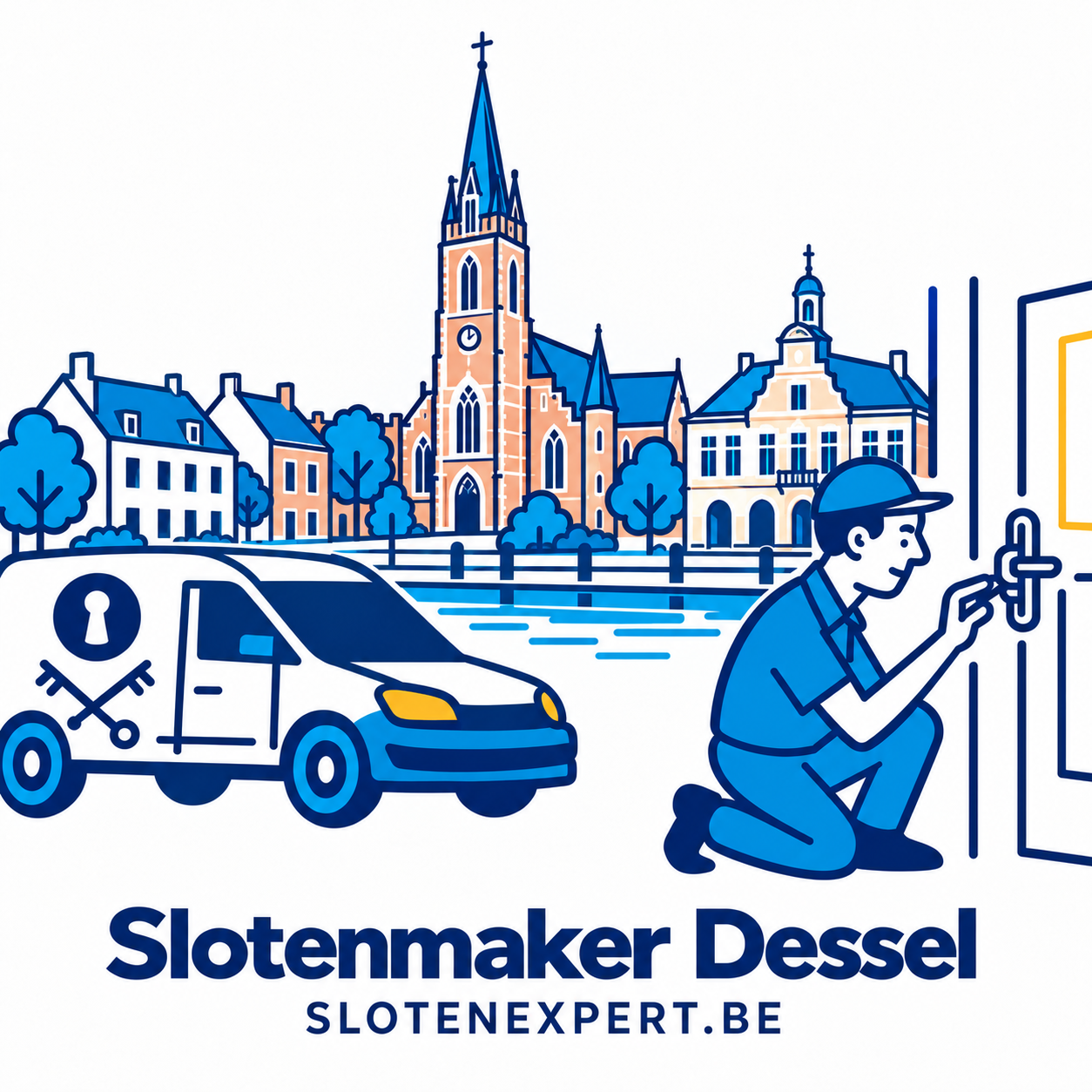 Blauwe SlotenExpert slotenmaker met camionette en geïllustreerd dorpsbeeld van Dessel
